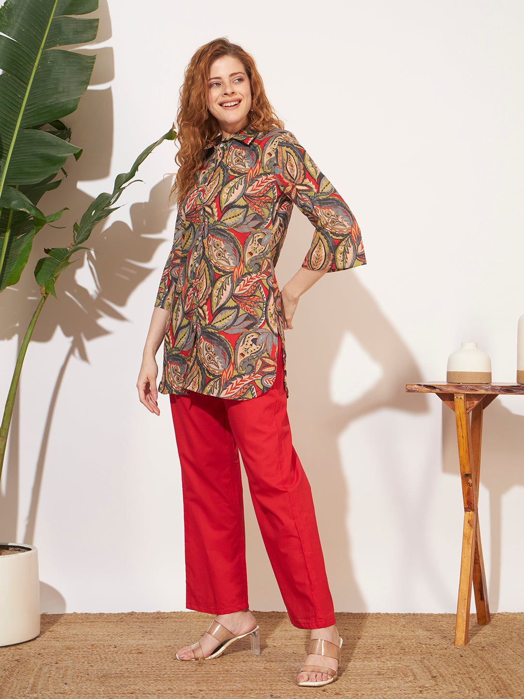 Women’s Red Leaf Printed Shirt Style Co-Ord Set