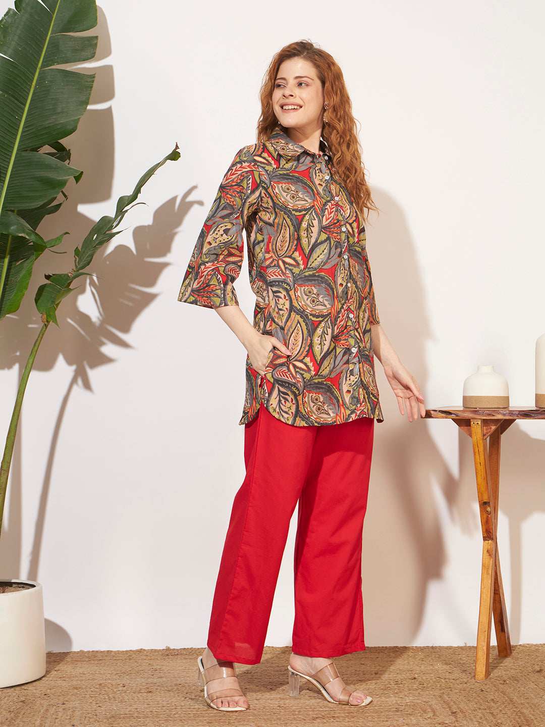 Women’s Red Leaf Printed Shirt Style Co-Ord Set