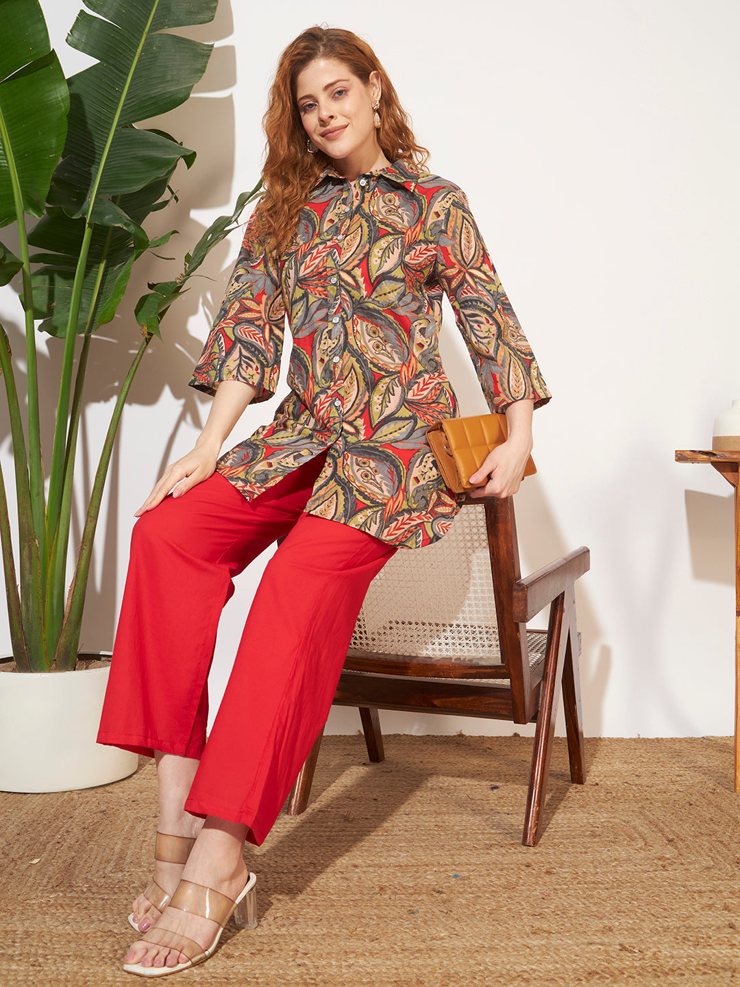 Women’s Red Leaf Printed Shirt Style Co-Ord Set