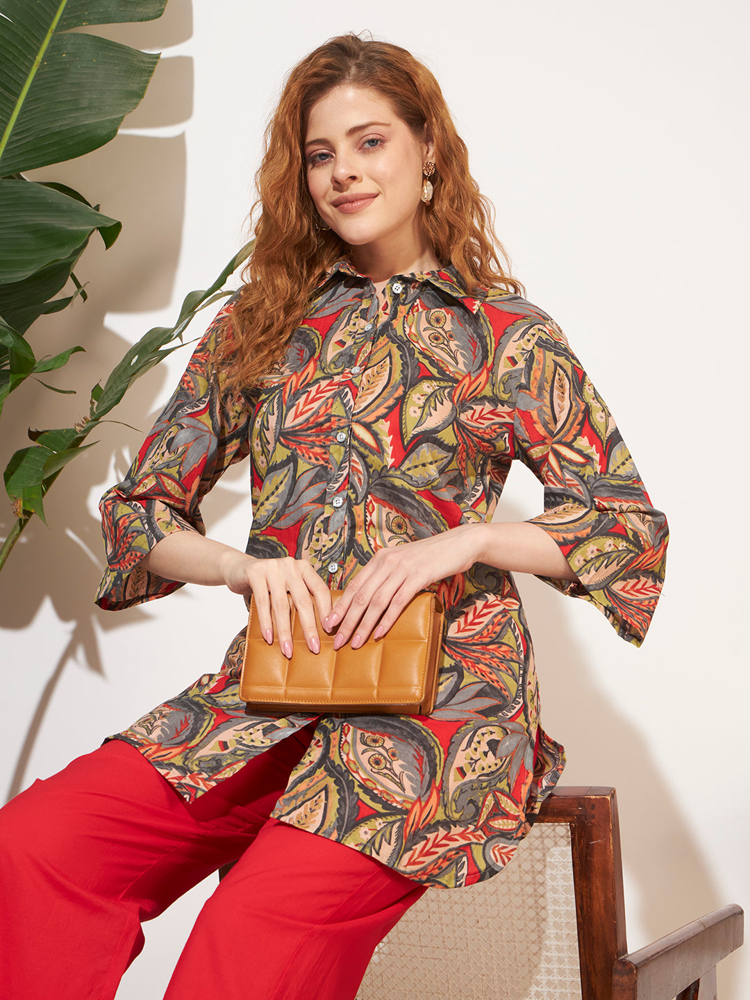 Women’s Red Leaf Printed Shirt Style Co-Ord Set