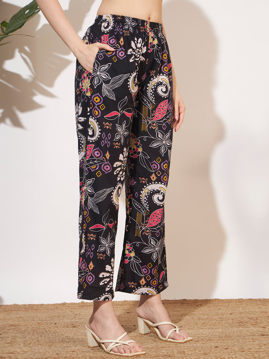 Women’s Black Floral Printed Three-Quarter Sleeve Co-Ord Set
