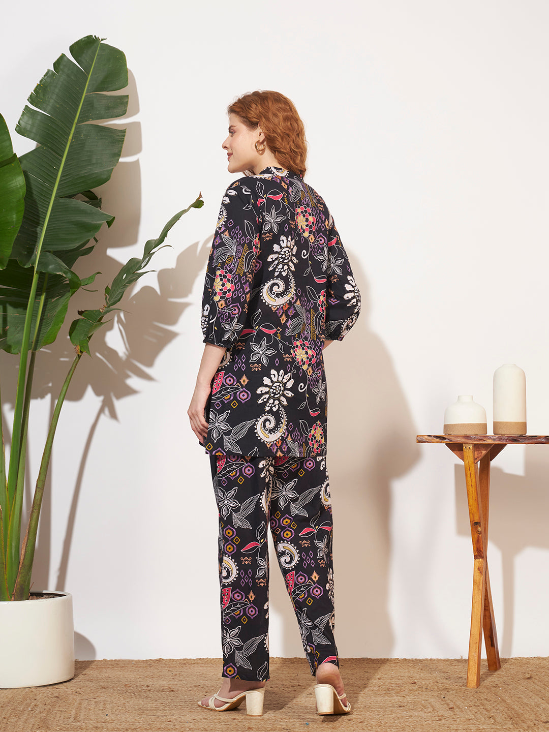 Women’s Black Floral Printed Three-Quarter Sleeve Co-Ord Set