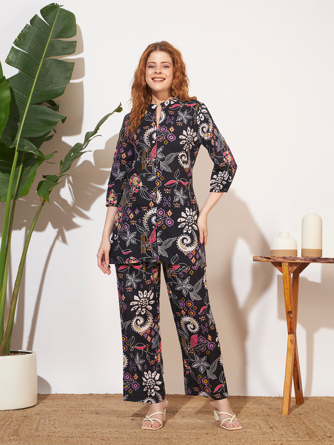 Women’s Black Floral Printed Three-Quarter Sleeve Co-Ord Set