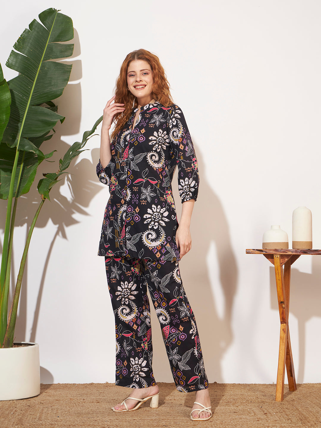 Women’s Black Floral Printed Three-Quarter Sleeve Co-Ord Set