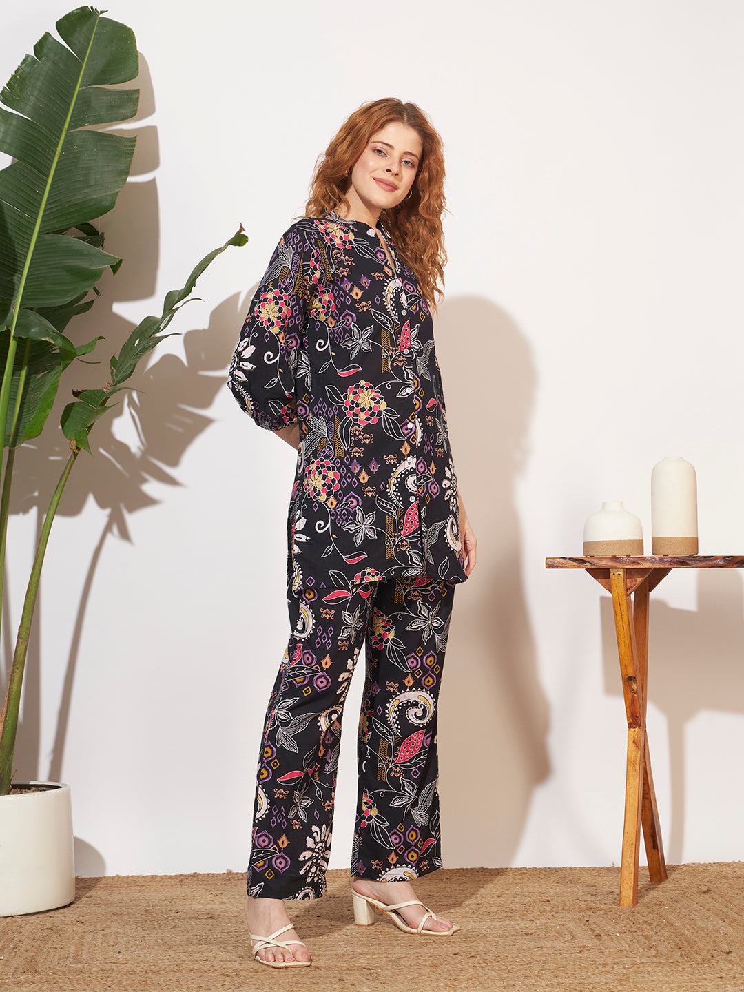 Women’s Black Floral Printed Three-Quarter Sleeve Co-Ord Set