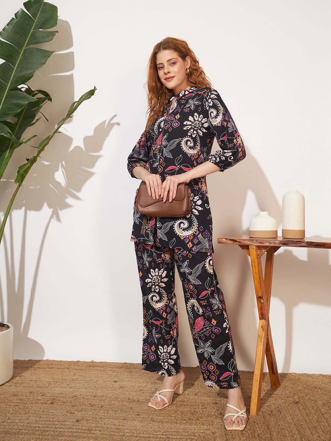 Women’s Black Floral Printed Three-Quarter Sleeve Co-Ord Set