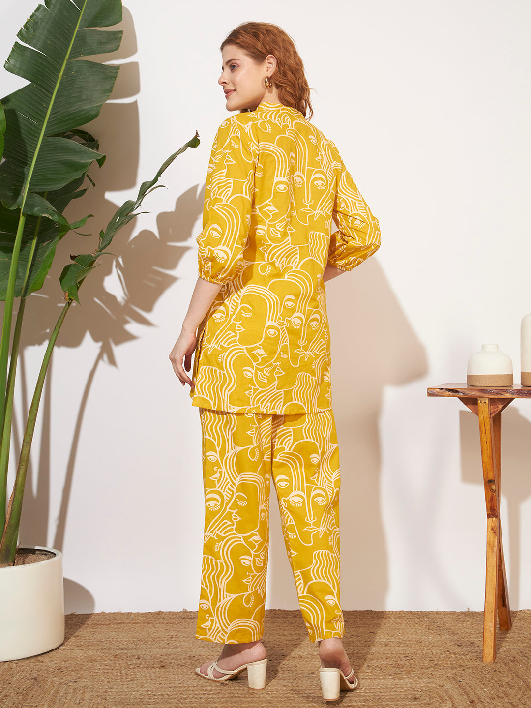 Women’s Mustard Yellow Abstract Face Printed Co-Ord Set