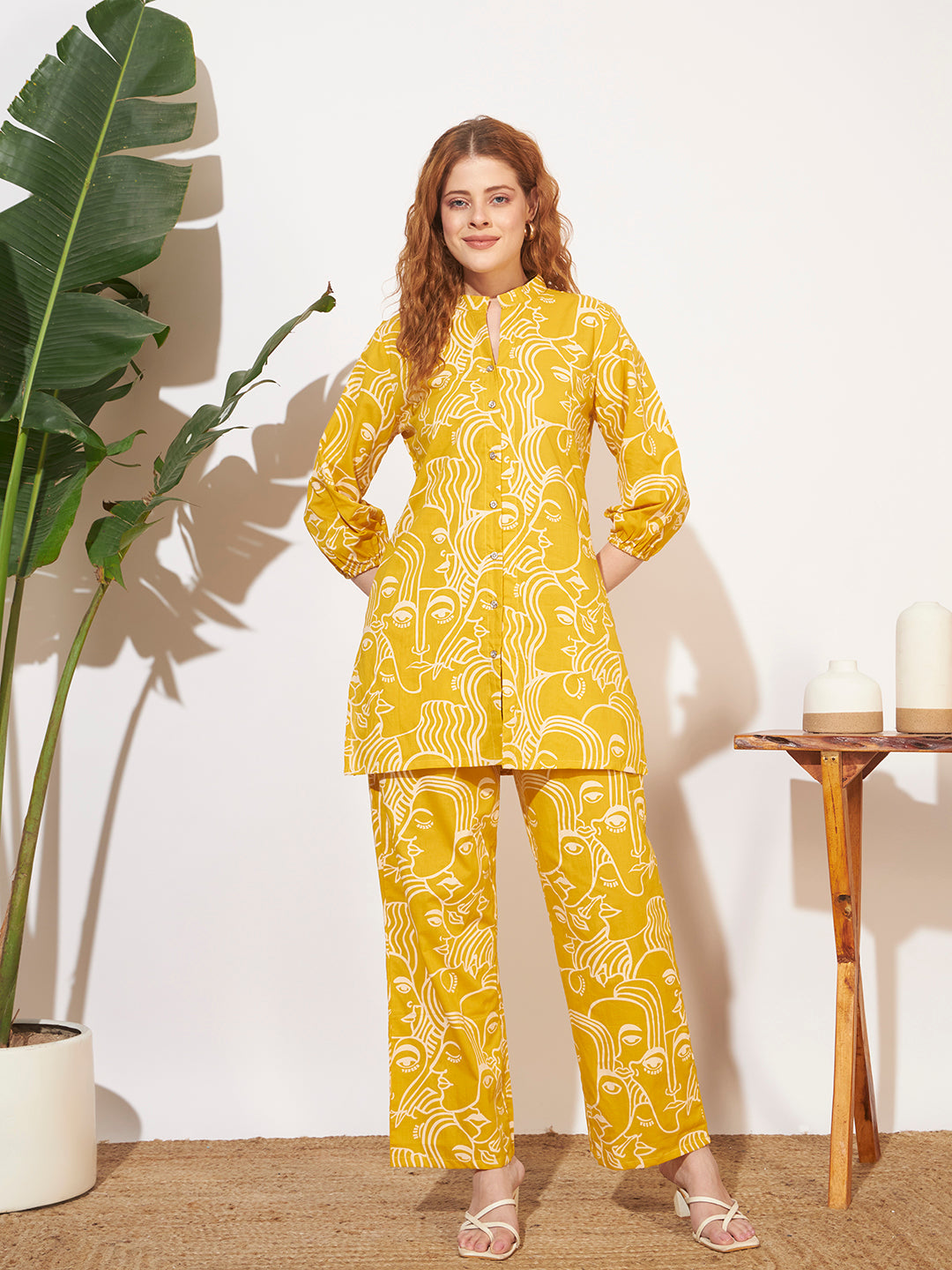 Women’s Mustard Yellow Abstract Face Printed Co-Ord Set