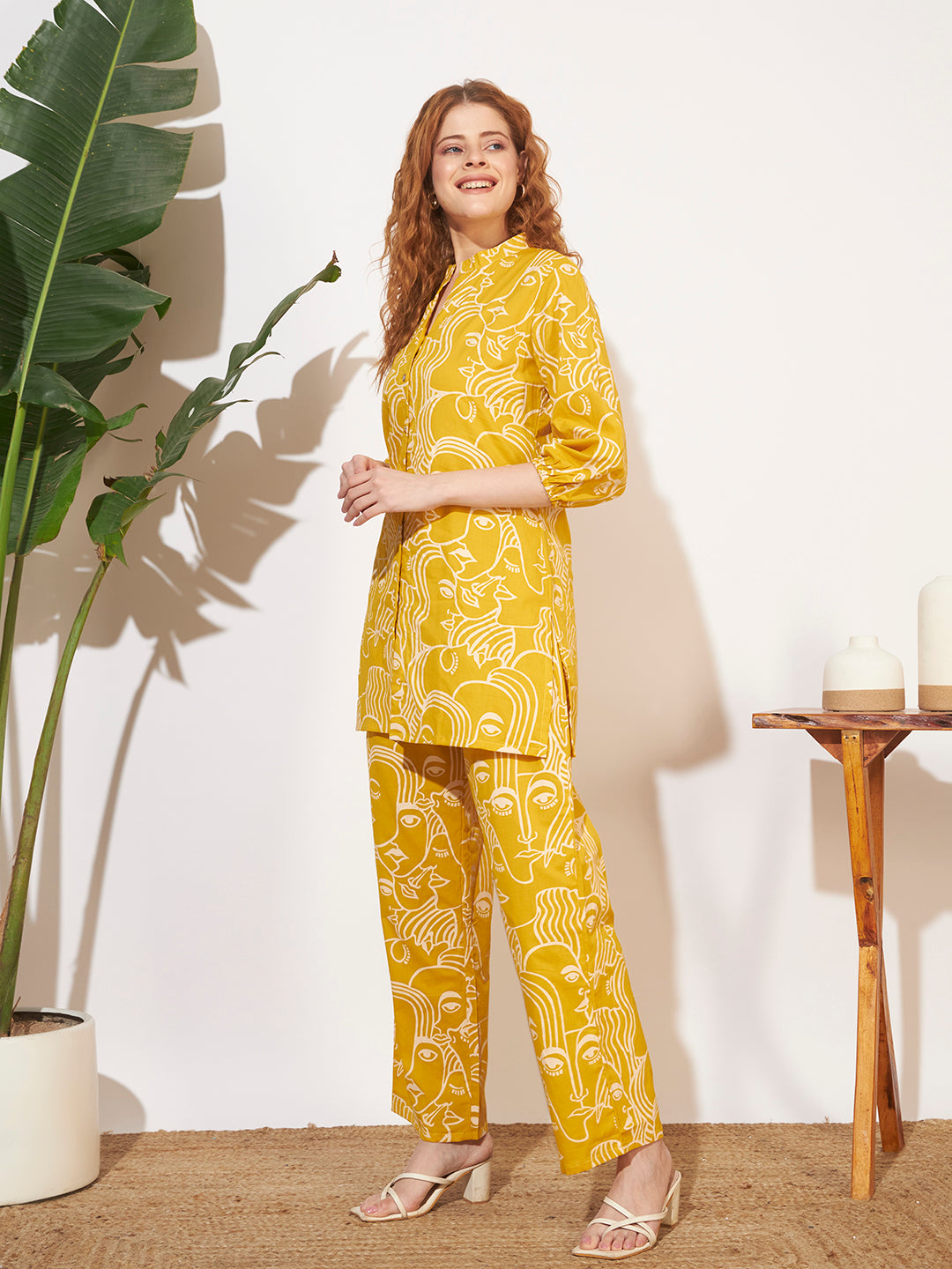 Women’s Mustard Yellow Abstract Face Printed Co-Ord Set
