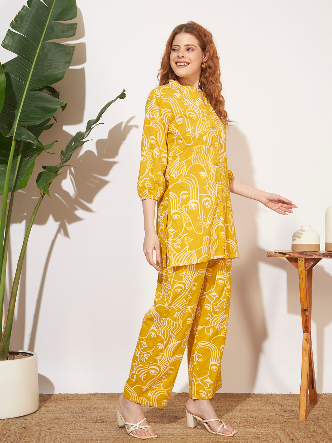 Women’s Mustard Yellow Abstract Face Printed Co-Ord Set