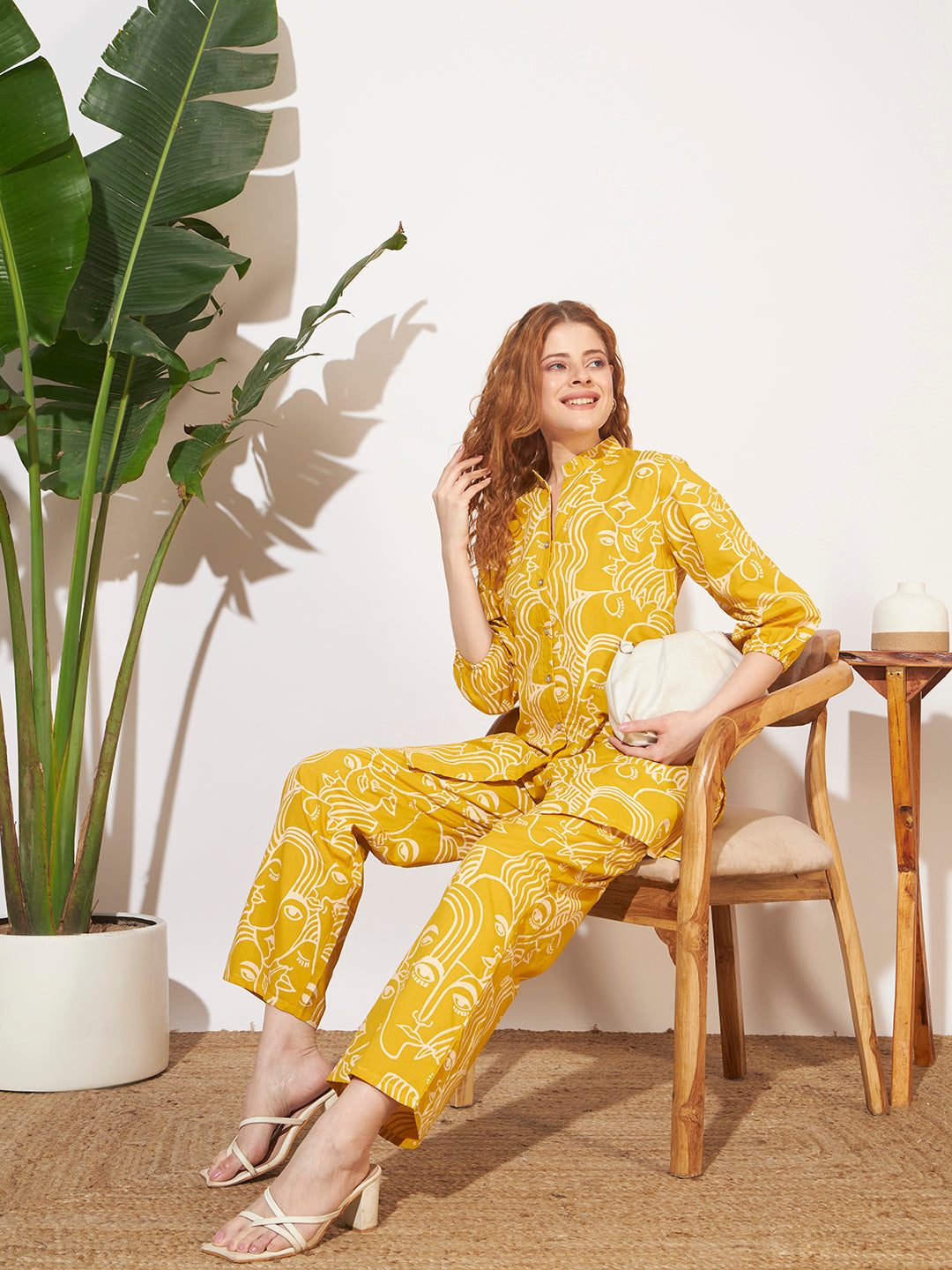 Women’s Mustard Yellow Abstract Face Printed Co-Ord Set