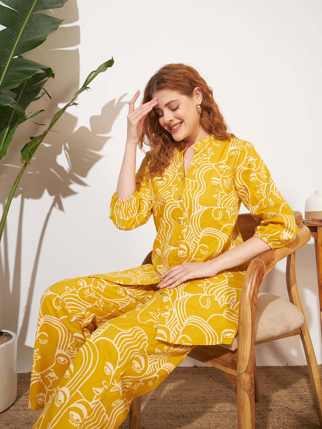 Women’s Mustard Yellow Abstract Face Printed Co-Ord Set
