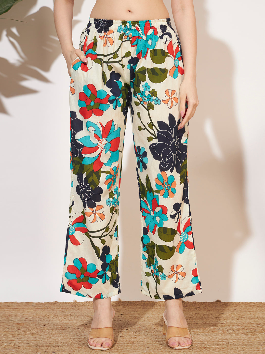 Women’s Cream Multicolor Floral Printed Shirt Style Co-Ord Set