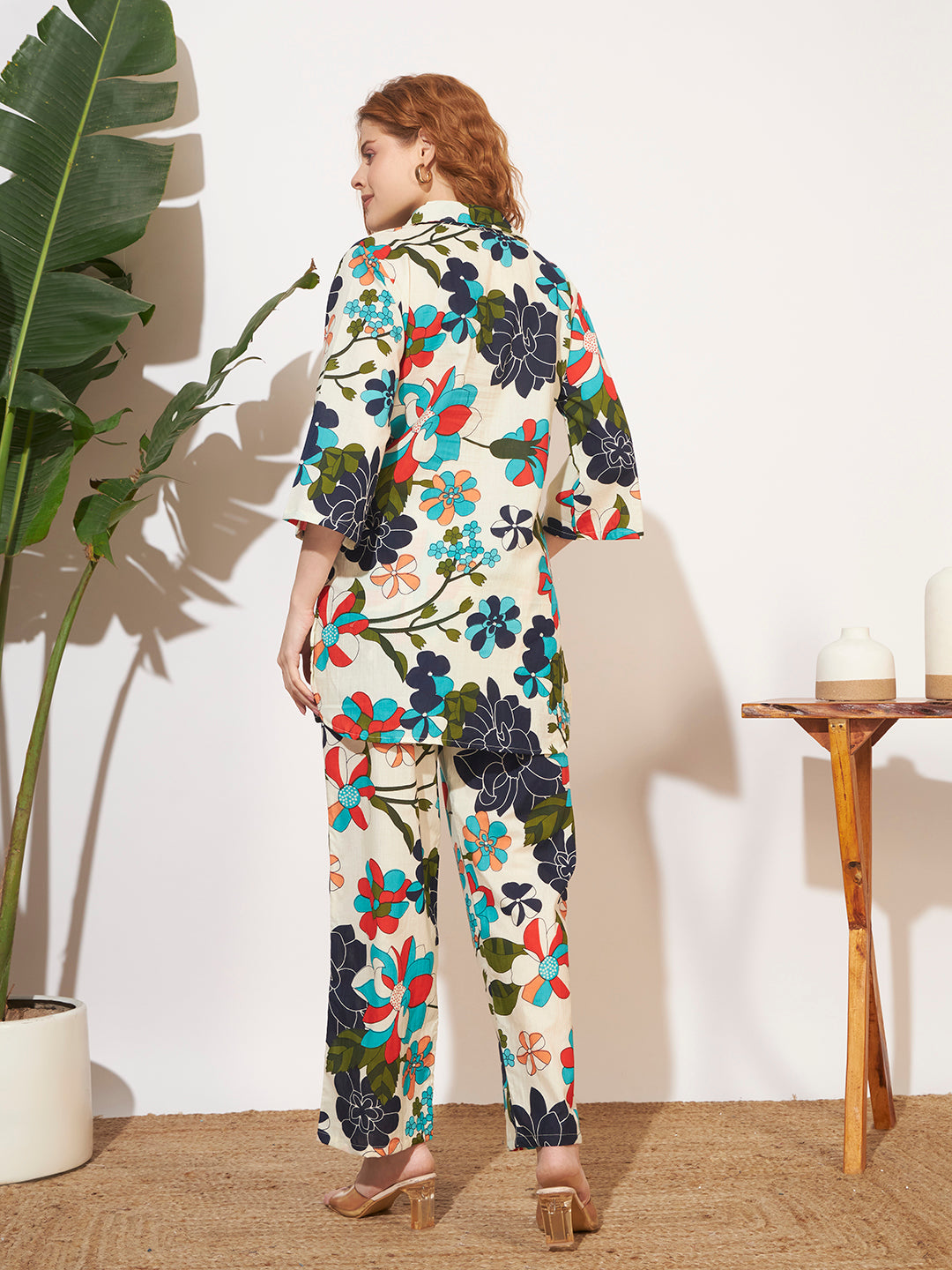 Women’s Cream Multicolor Floral Printed Shirt Style Co-Ord Set