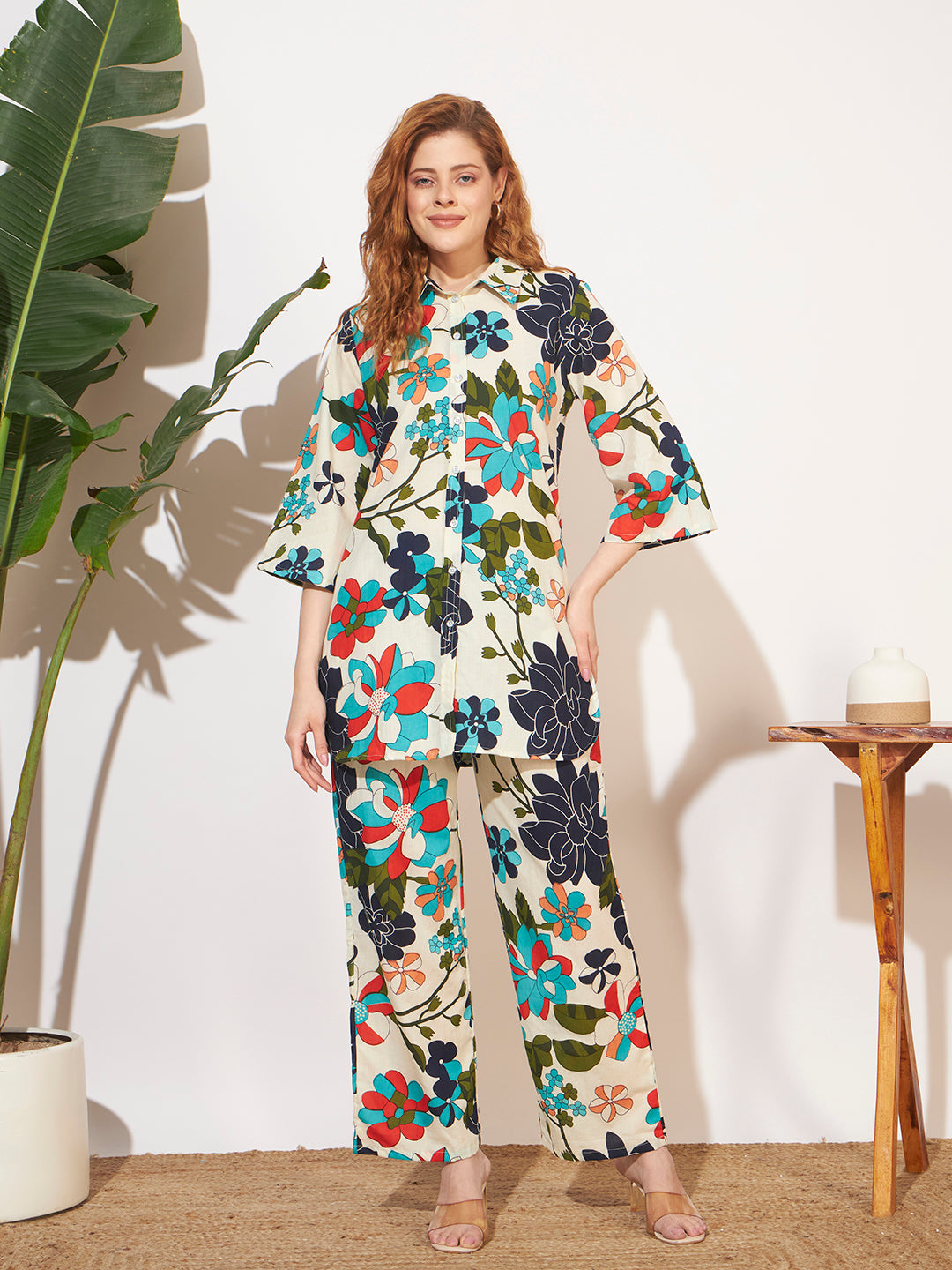 Women’s Cream Multicolor Floral Printed Shirt Style Co-Ord Set