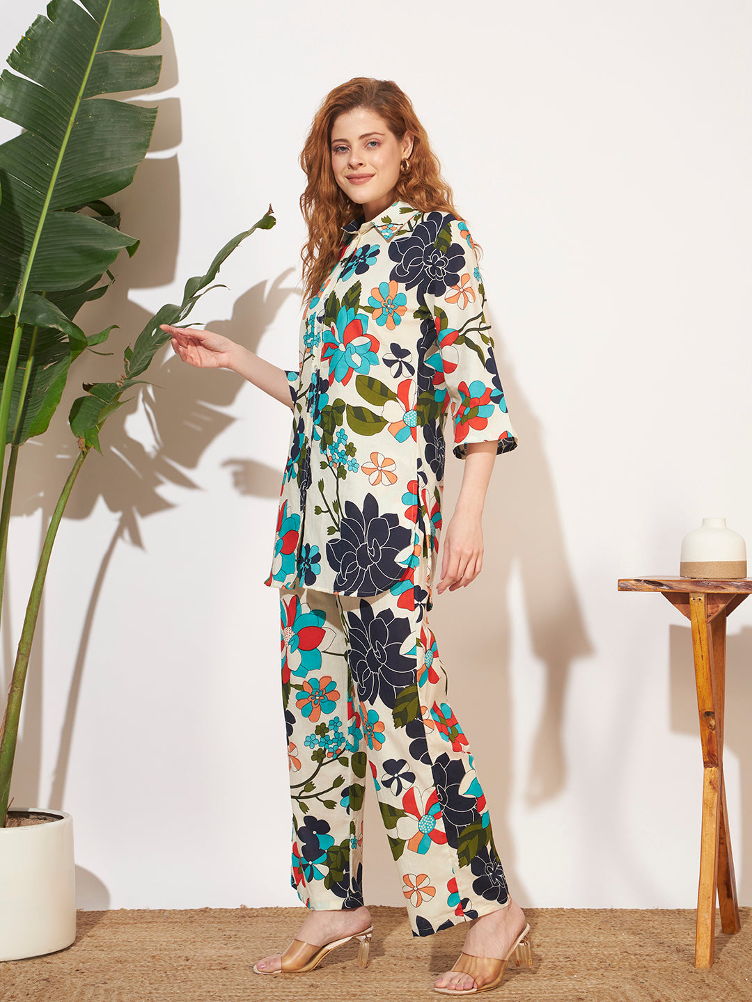 Women’s Cream Multicolor Floral Printed Shirt Style Co-Ord Set