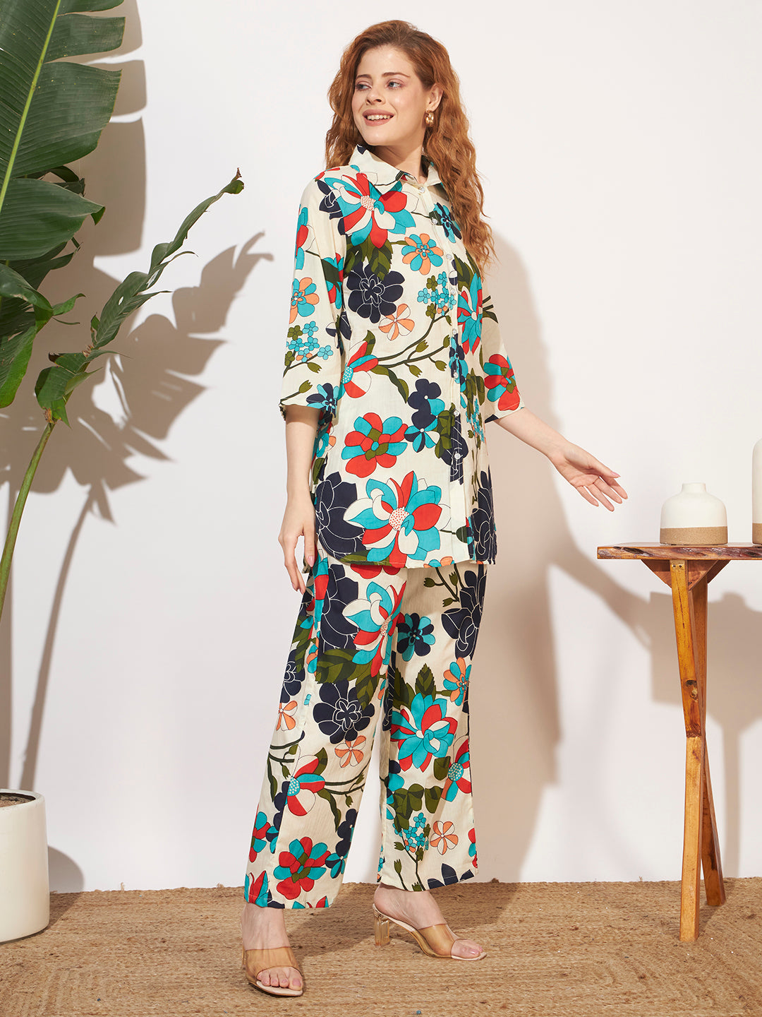 Women’s Cream Multicolor Floral Printed Shirt Style Co-Ord Set