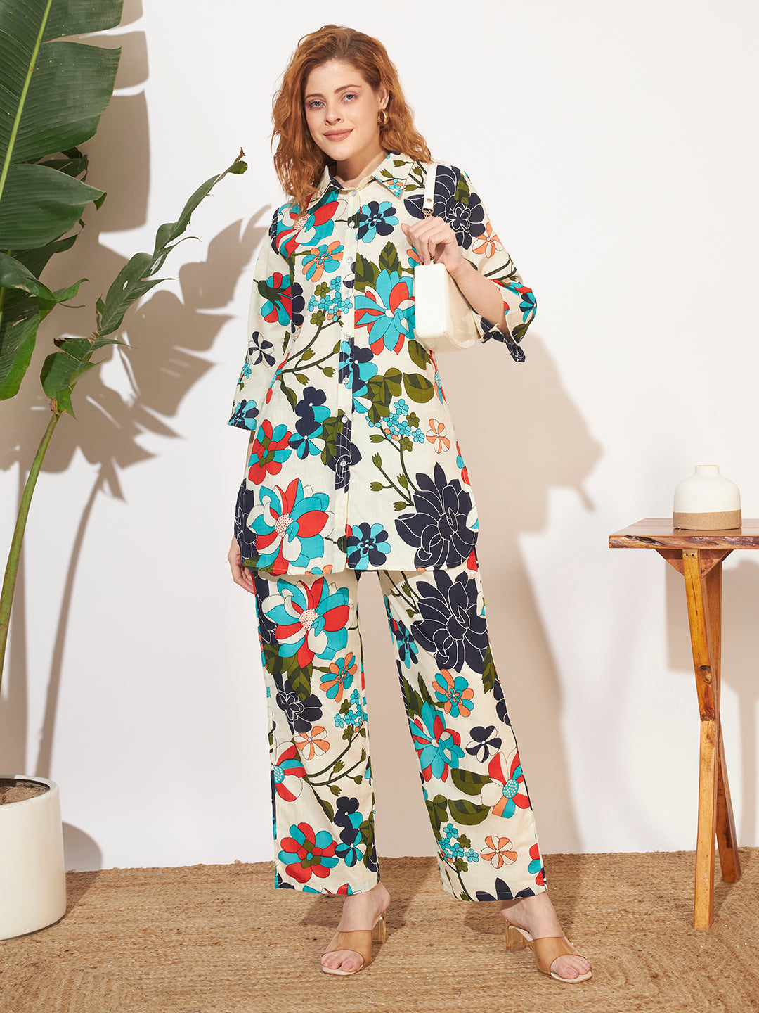 Women’s Cream Multicolor Floral Printed Shirt Style Co-Ord Set