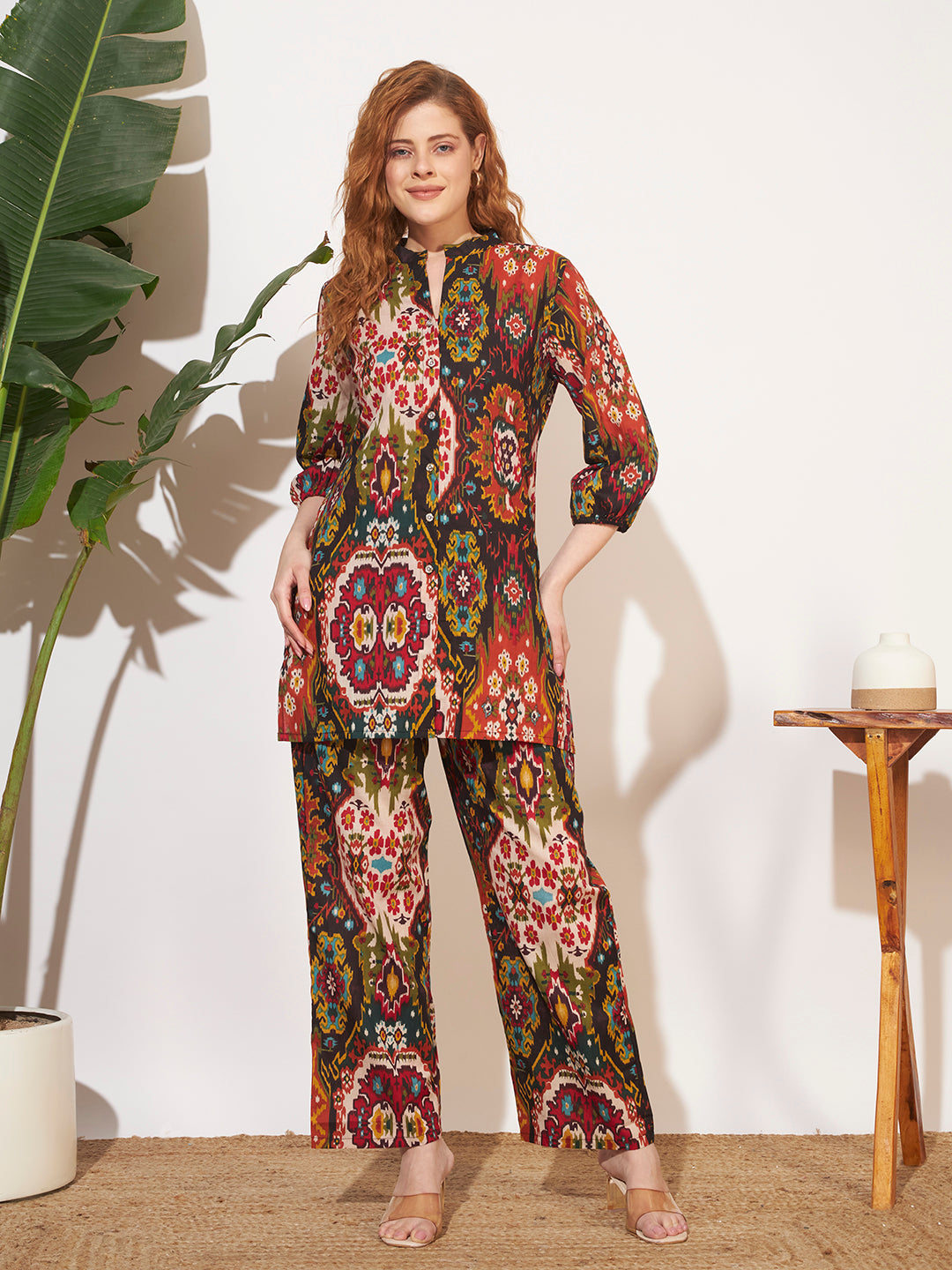 Women’s Multicolor Ikat Printed Three-Quarter Sleeve Co-Ord Set
