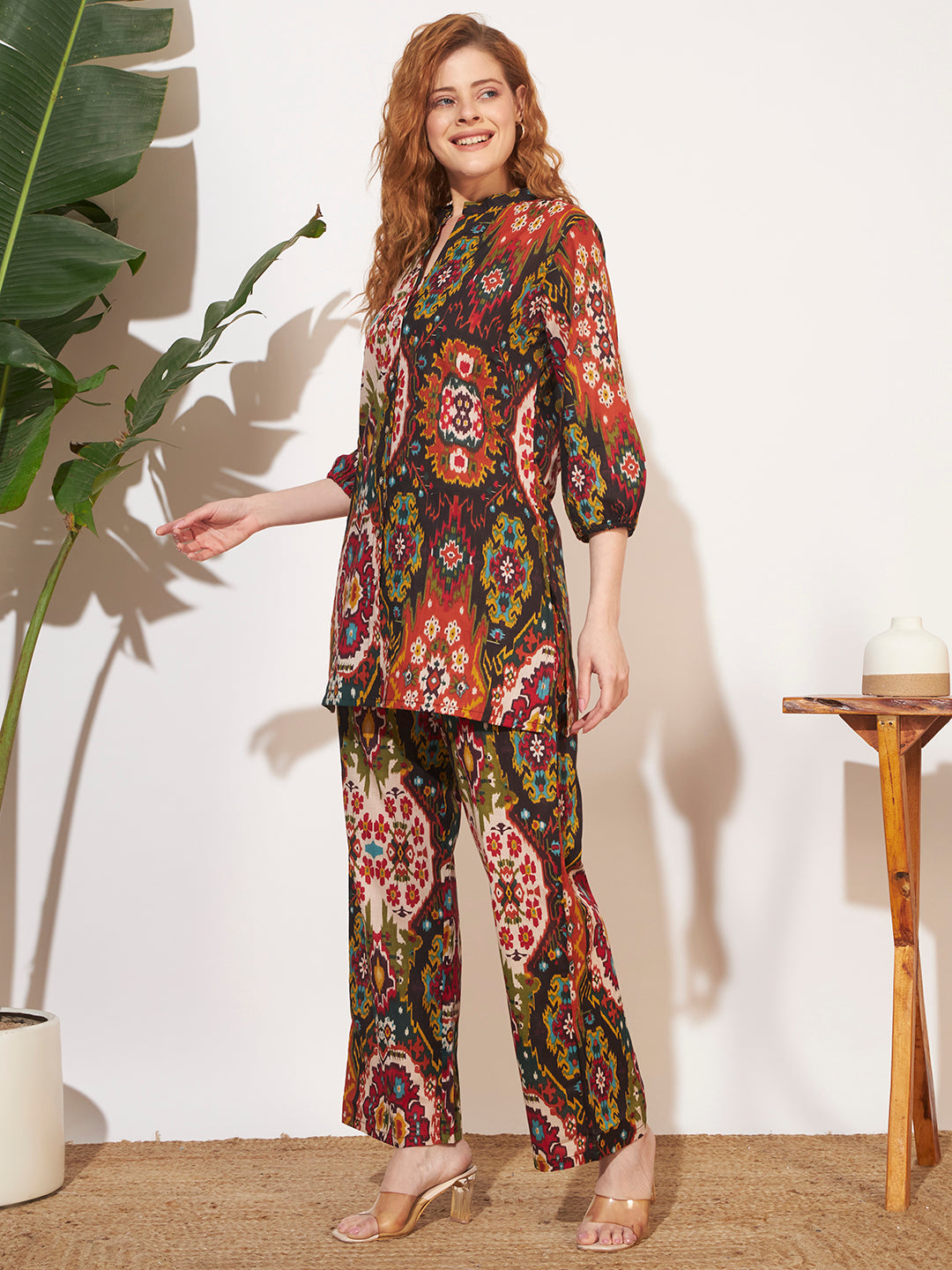 Women’s Multicolor Ikat Printed Three-Quarter Sleeve Co-Ord Set