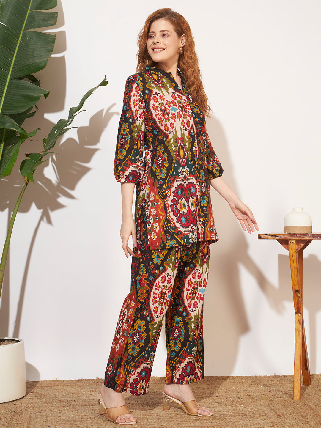 Women’s Multicolor Ikat Printed Three-Quarter Sleeve Co-Ord Set