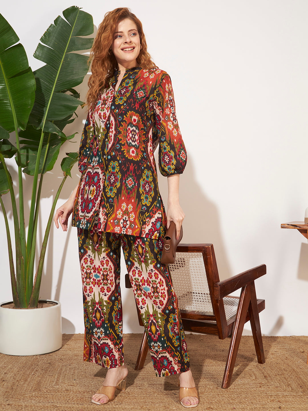 Women’s Multicolor Ikat Printed Three-Quarter Sleeve Co-Ord Set