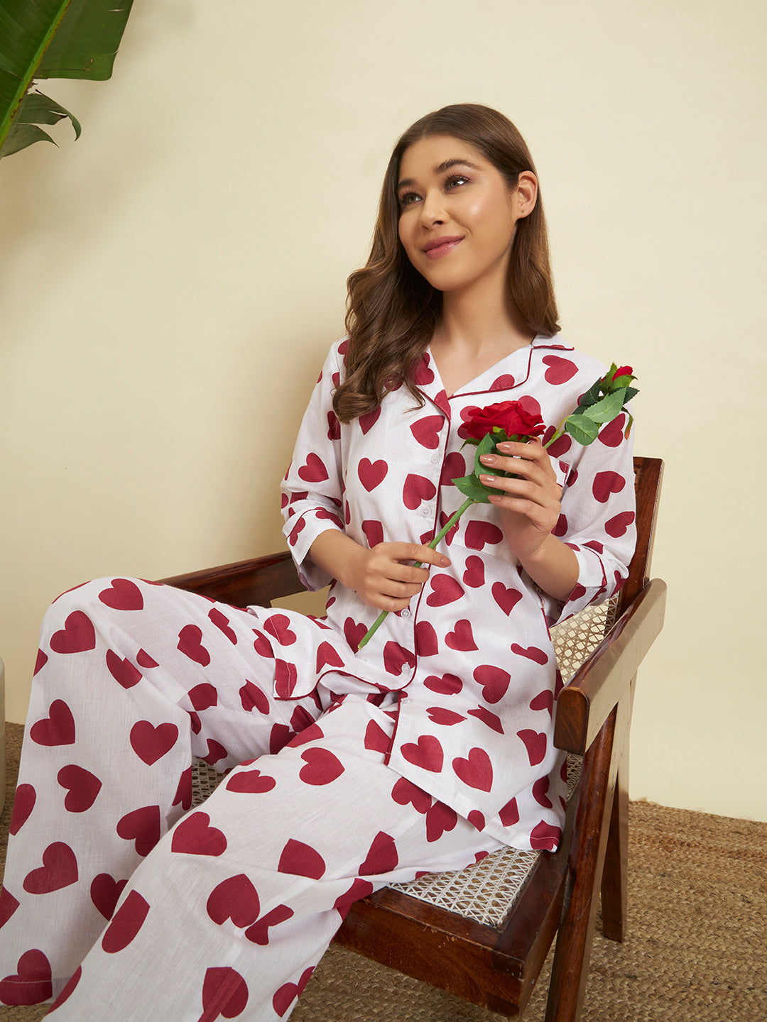 White & Red Heart Printed Night Suit Co-Ord Set for Women