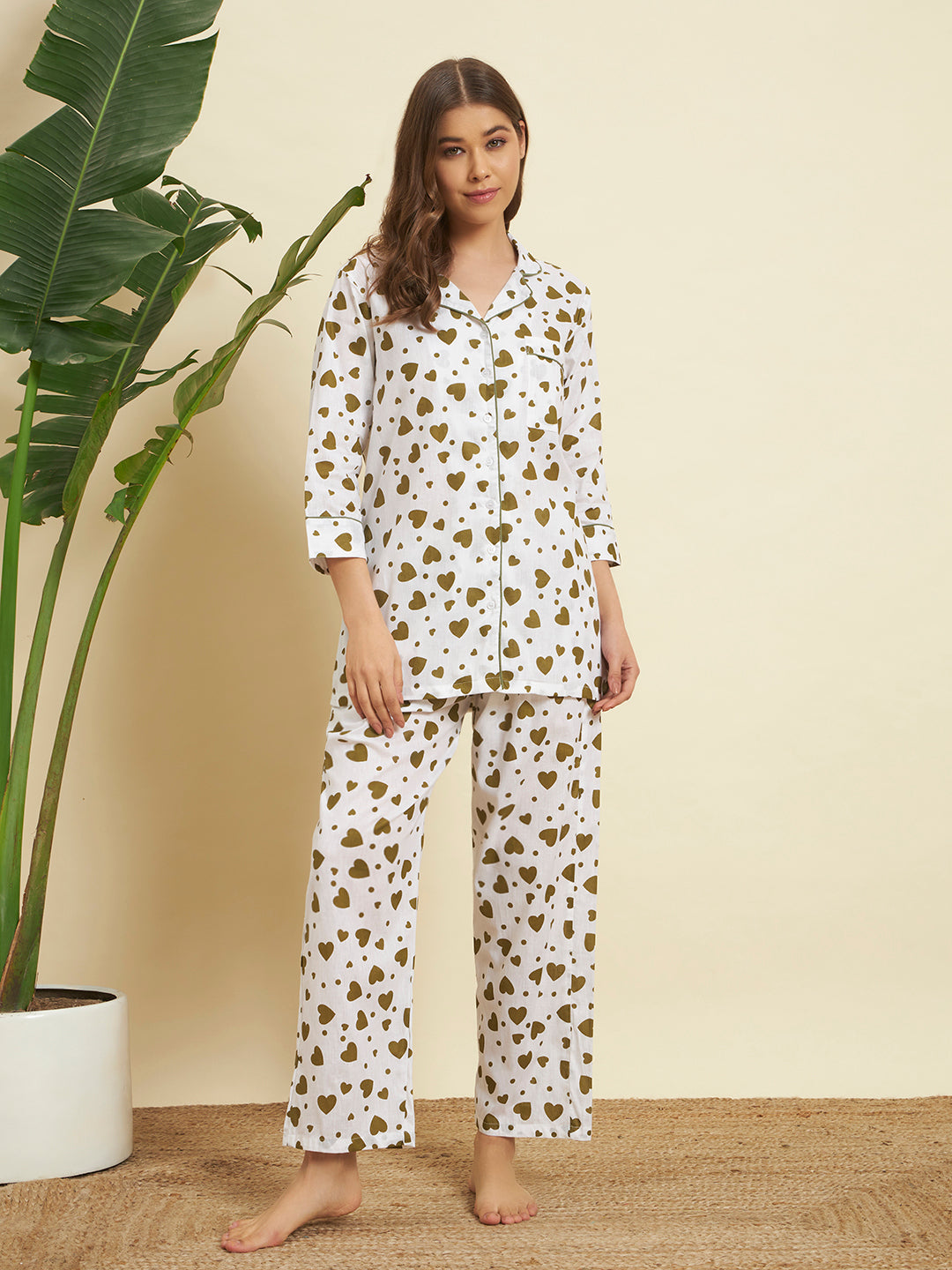 Olive Heart Print Cotton Night Suit Set – Elegant Lounge Comfort