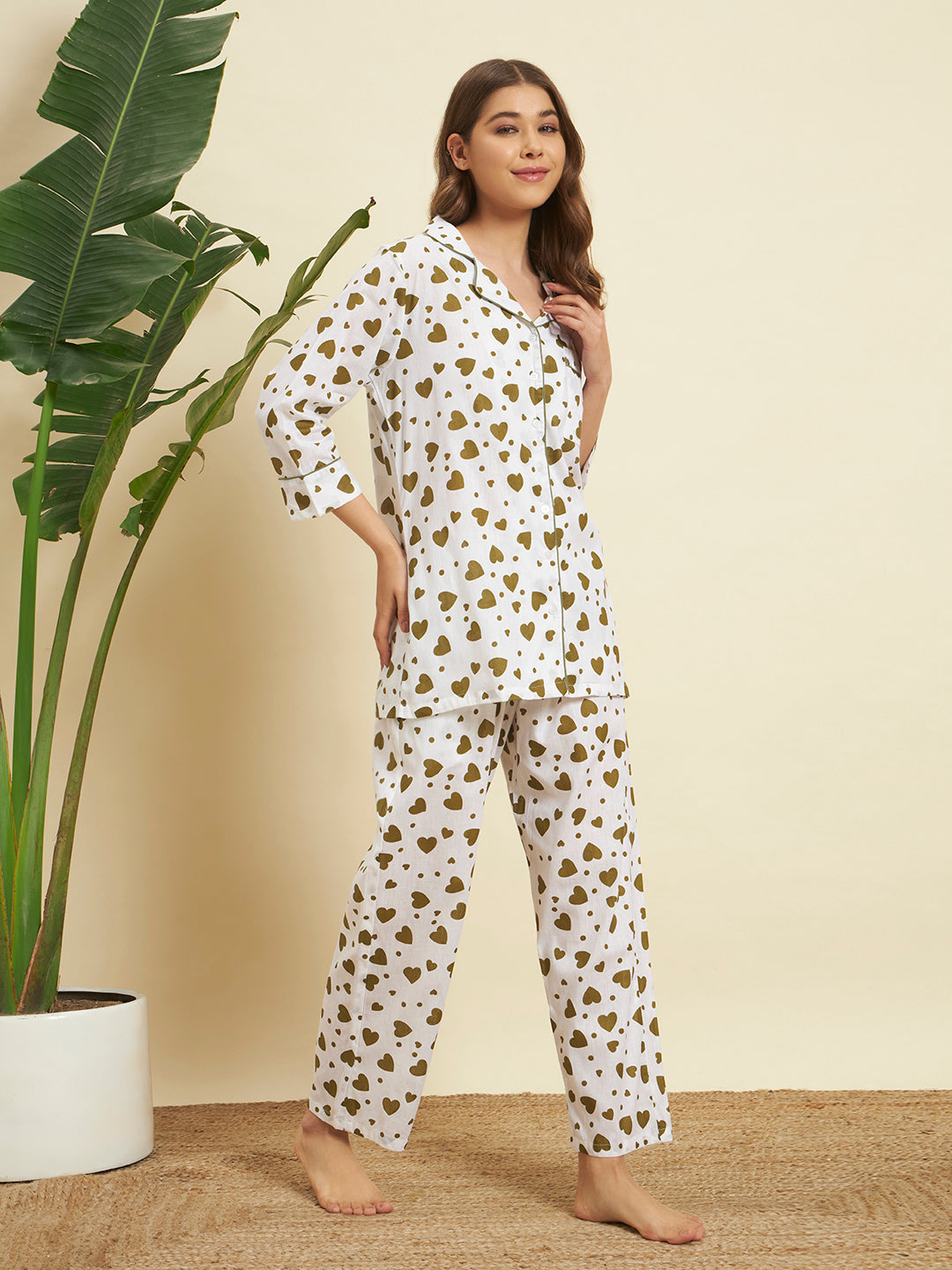 Olive Heart Print Cotton Night Suit Set – Elegant Lounge Comfort