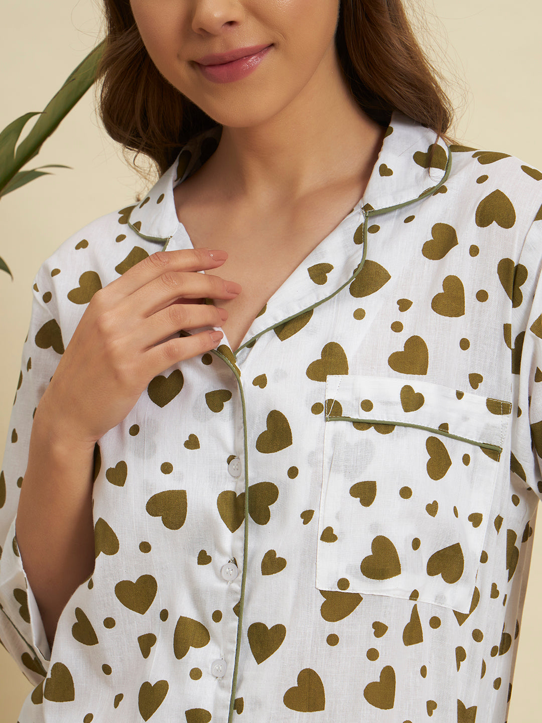 Olive Heart Print Cotton Night Suit Set – Elegant Lounge Comfort