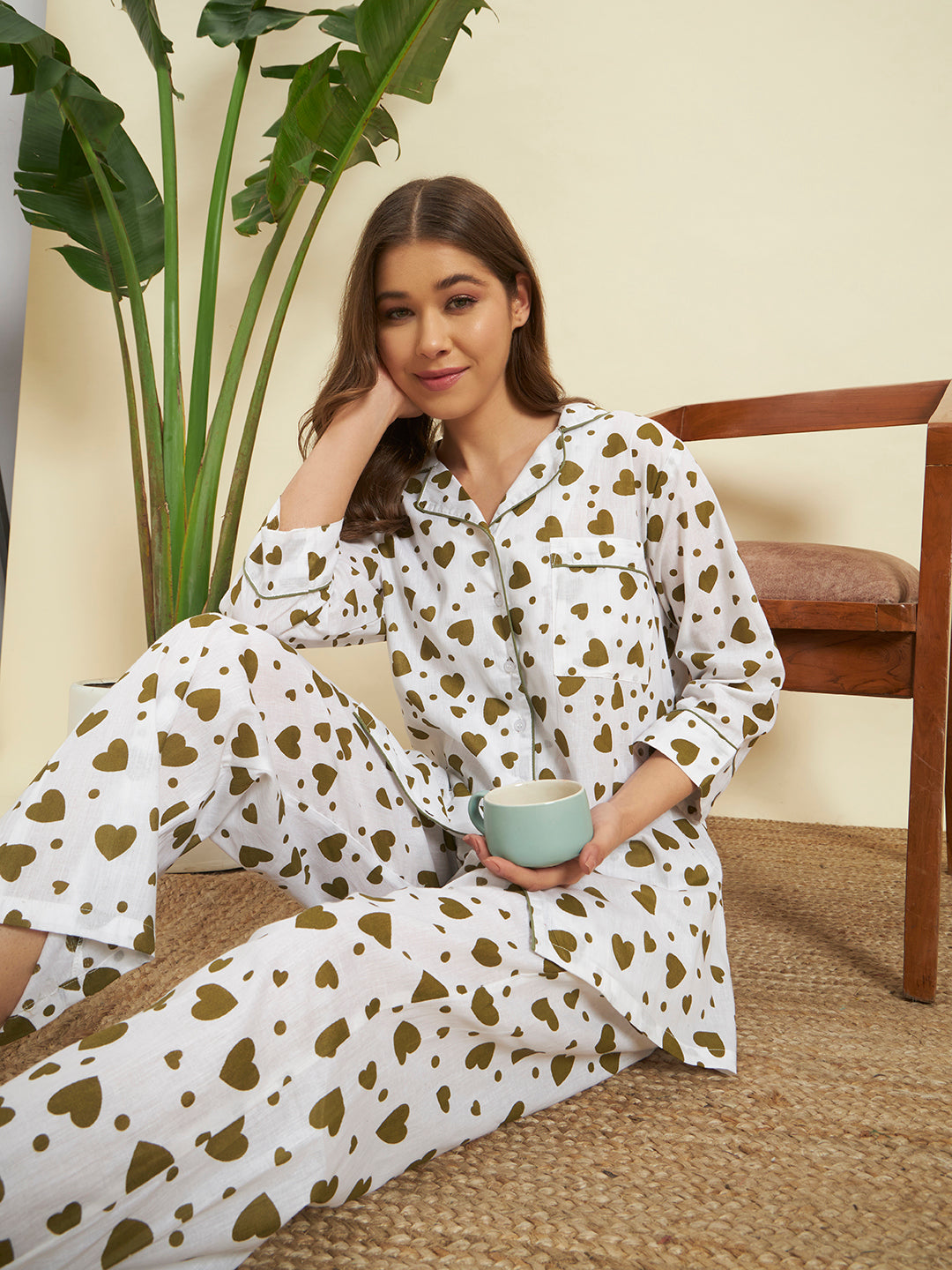 Olive Heart Print Cotton Night Suit Set – Elegant Lounge Comfort