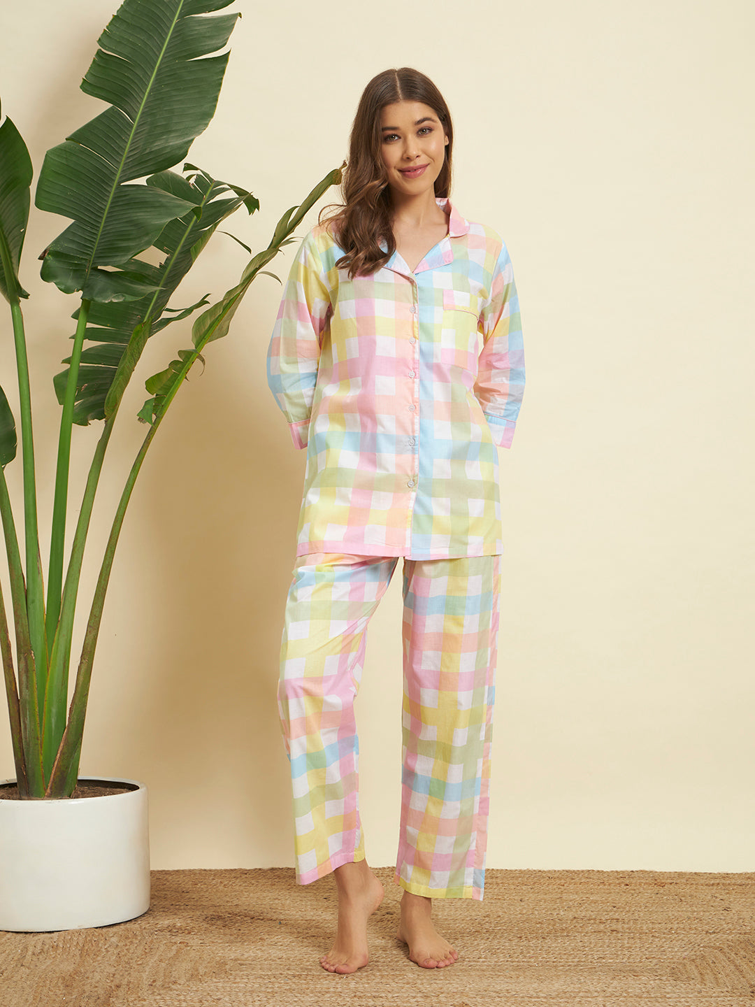 Pastel Checkered Cotton Night Suit Set – Soft & Breezy Comfort Wear