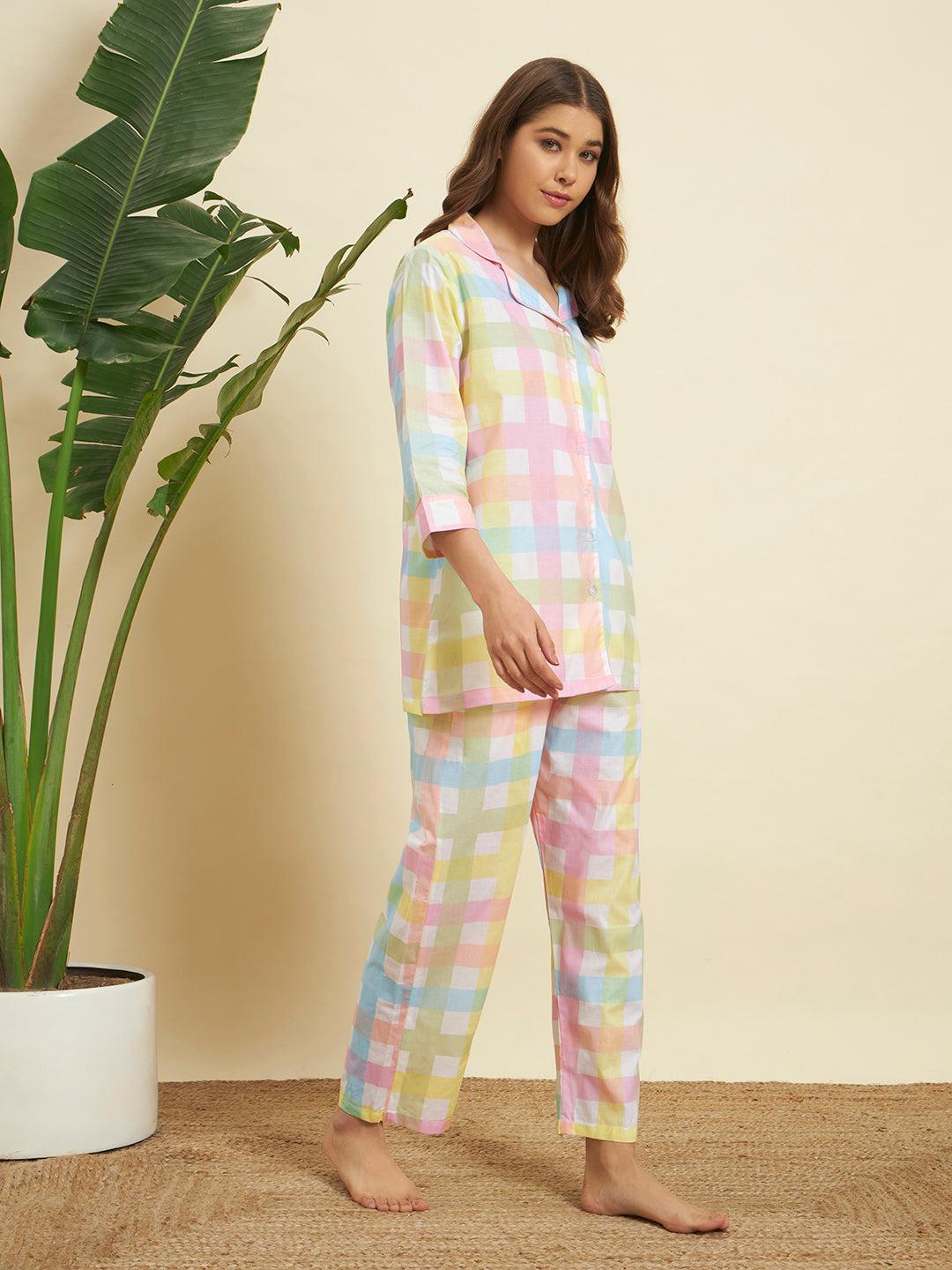 Pastel Checkered Cotton Night Suit Set – Soft & Breezy Comfort Wear