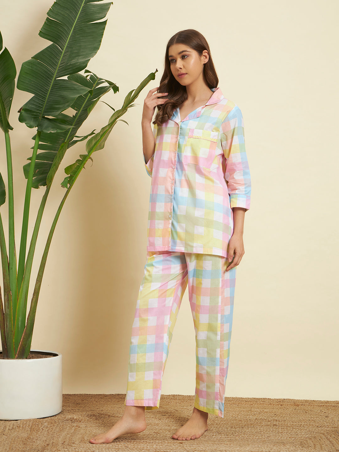 Pastel Checkered Cotton Night Suit Set – Soft & Breezy Comfort Wear