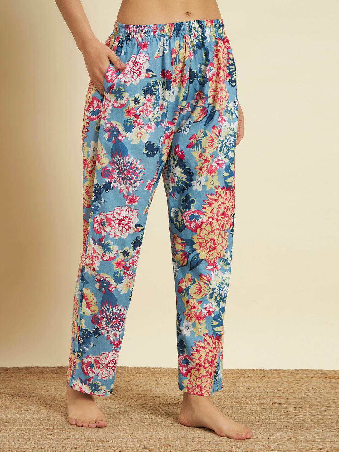 🌸 Women Floral Printed Night Suit Set – Blue Cotton Sleepwear