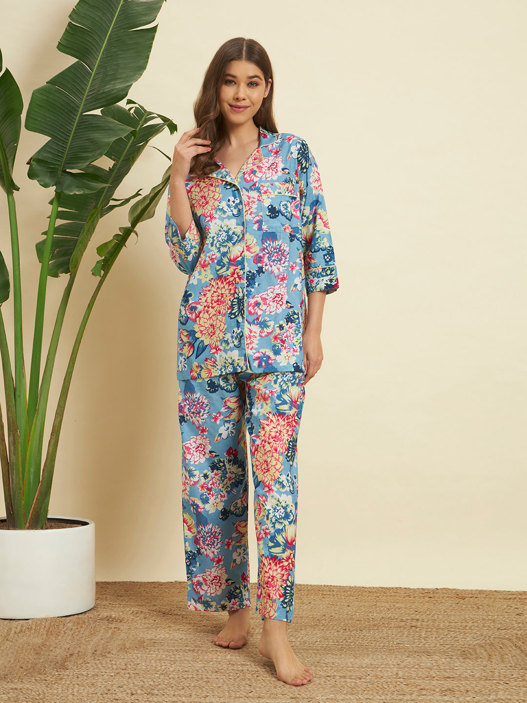 🌸 Women Floral Printed Night Suit Set – Blue Cotton Sleepwear