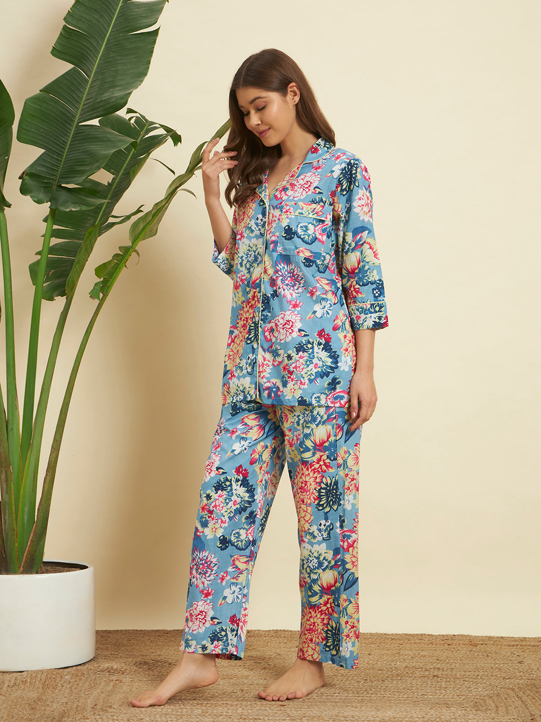 🌸 Women Floral Printed Night Suit Set – Blue Cotton Sleepwear