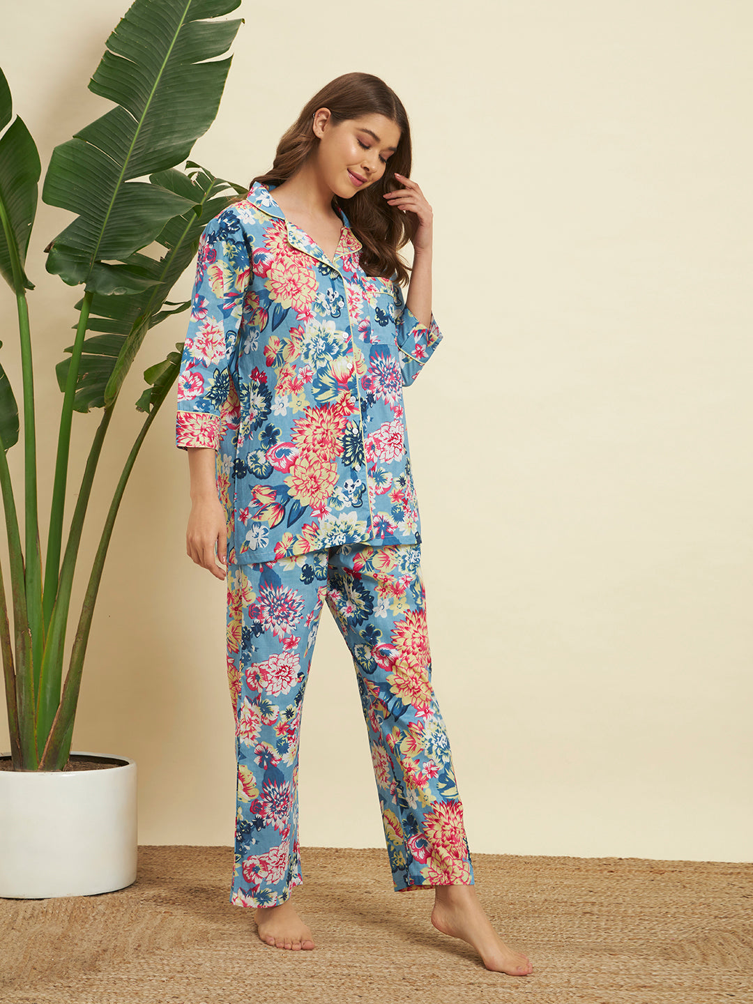 🌸 Women Floral Printed Night Suit Set – Blue Cotton Sleepwear