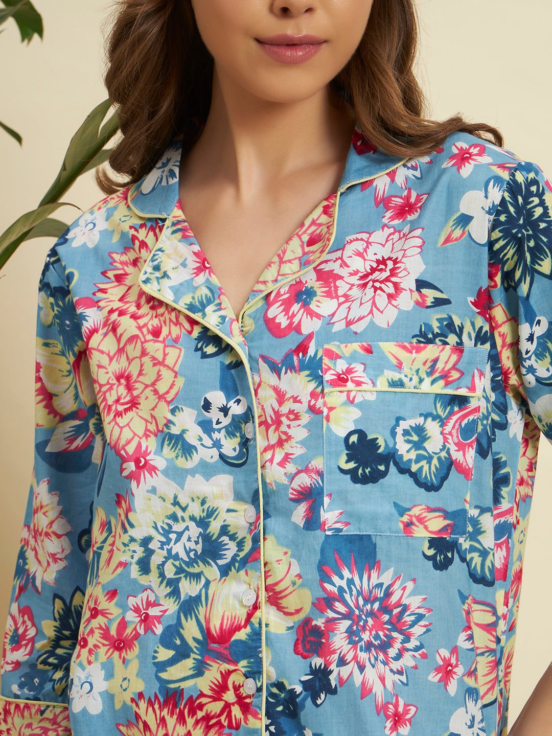 🌸 Women Floral Printed Night Suit Set – Blue Cotton Sleepwear