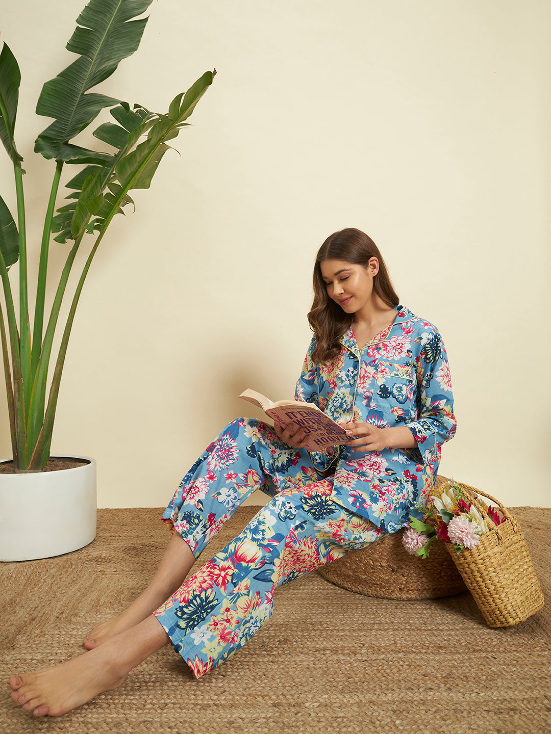 🌸 Women Floral Printed Night Suit Set – Blue Cotton Sleepwear
