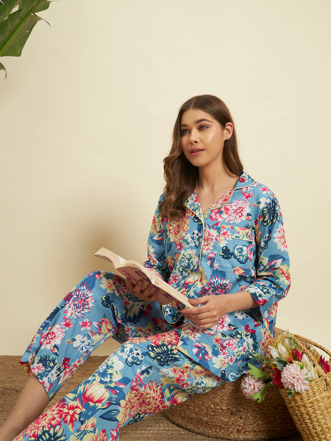 🌸 Women Floral Printed Night Suit Set – Blue Cotton Sleepwear