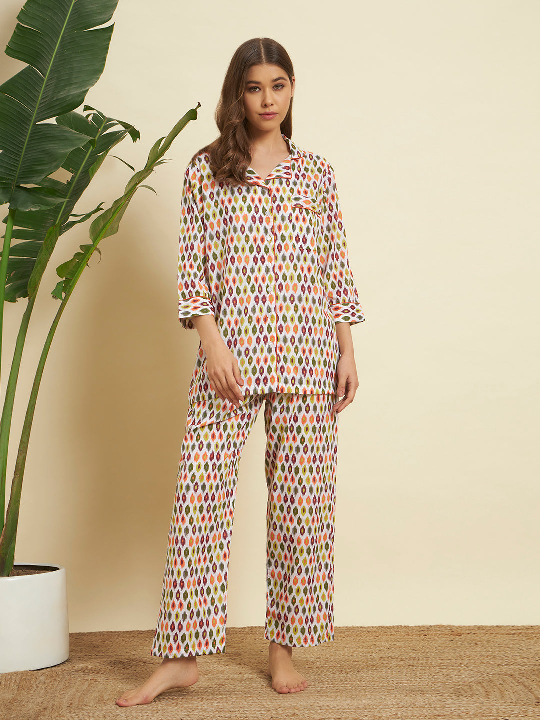 Multicolor Geometric Print Night Suit Co-Ord Set for Women