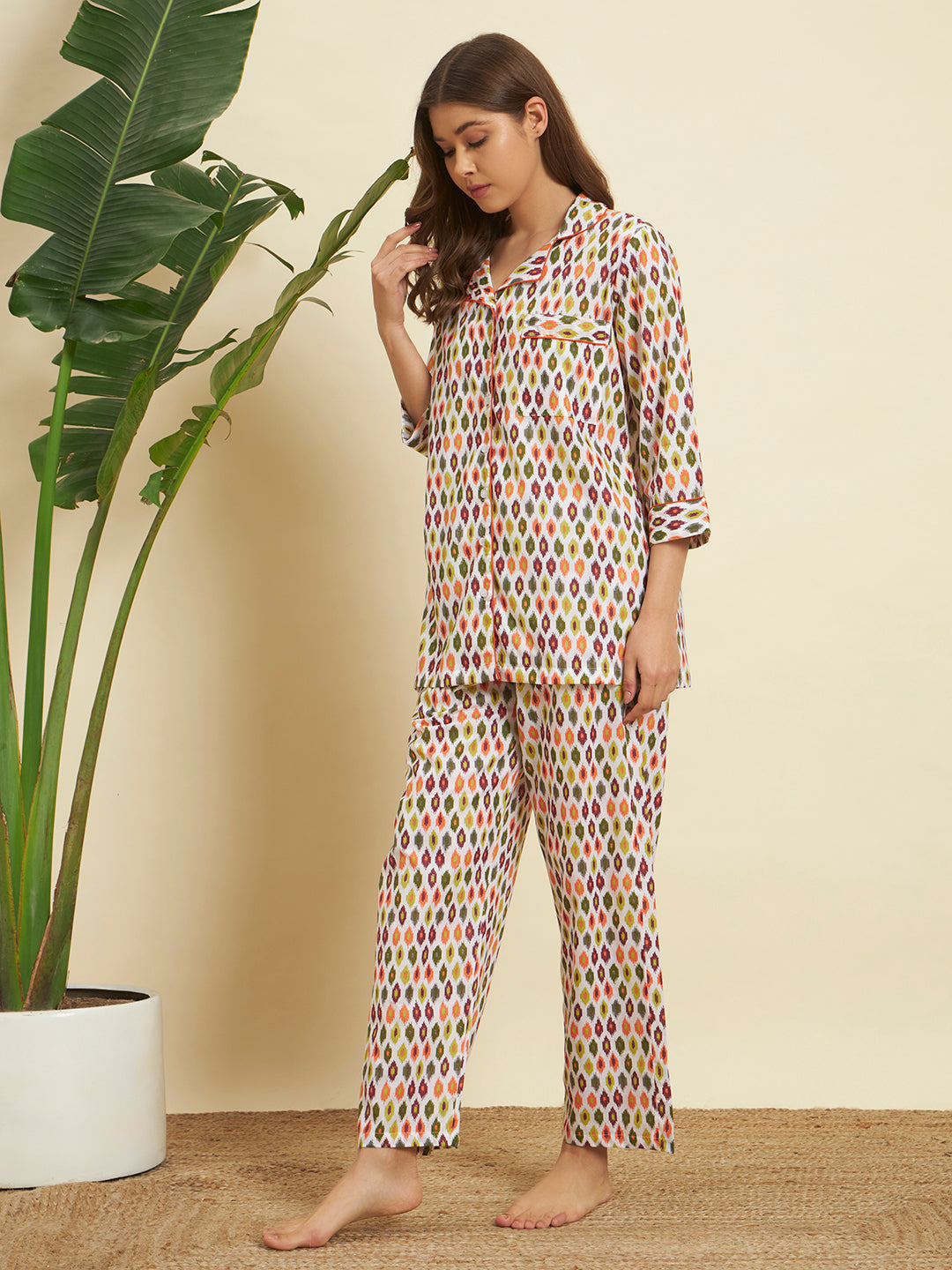 Multicolor Geometric Print Night Suit Co-Ord Set for Women