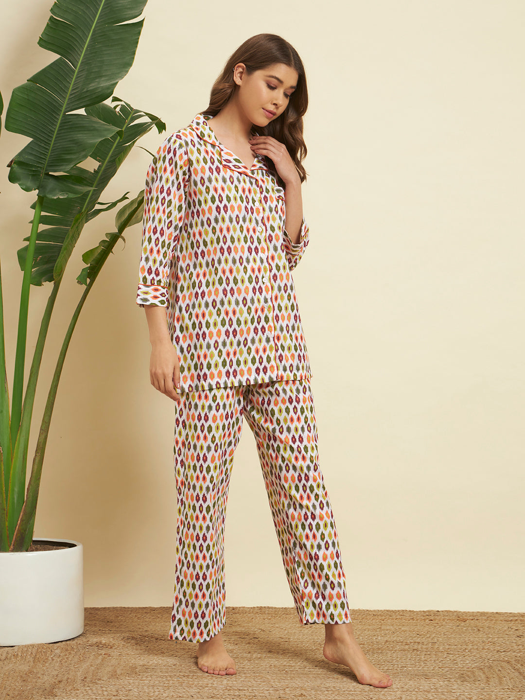 Multicolor Geometric Print Night Suit Co-Ord Set for Women