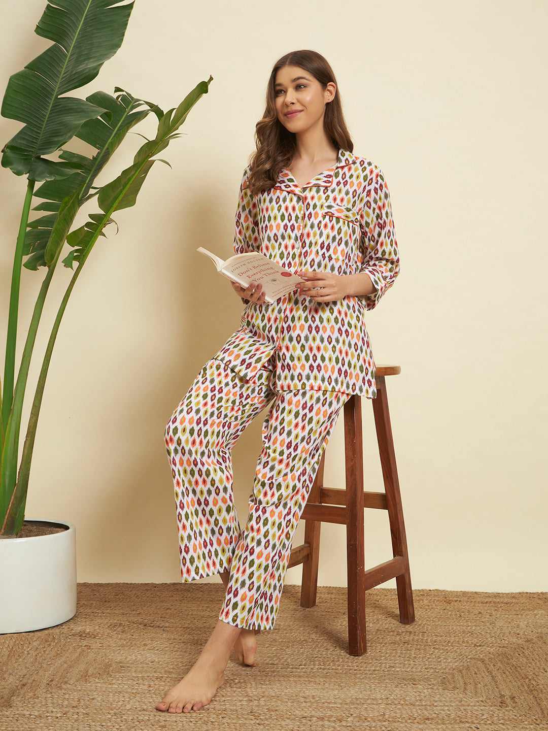 Multicolor Geometric Print Night Suit Co-Ord Set for Women