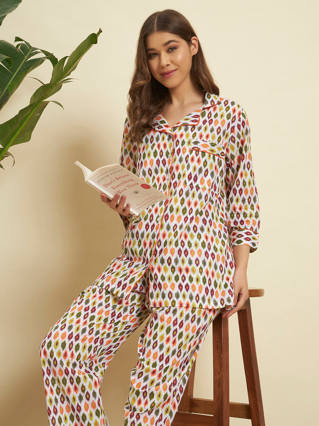 Multicolor Geometric Print Night Suit Co-Ord Set for Women