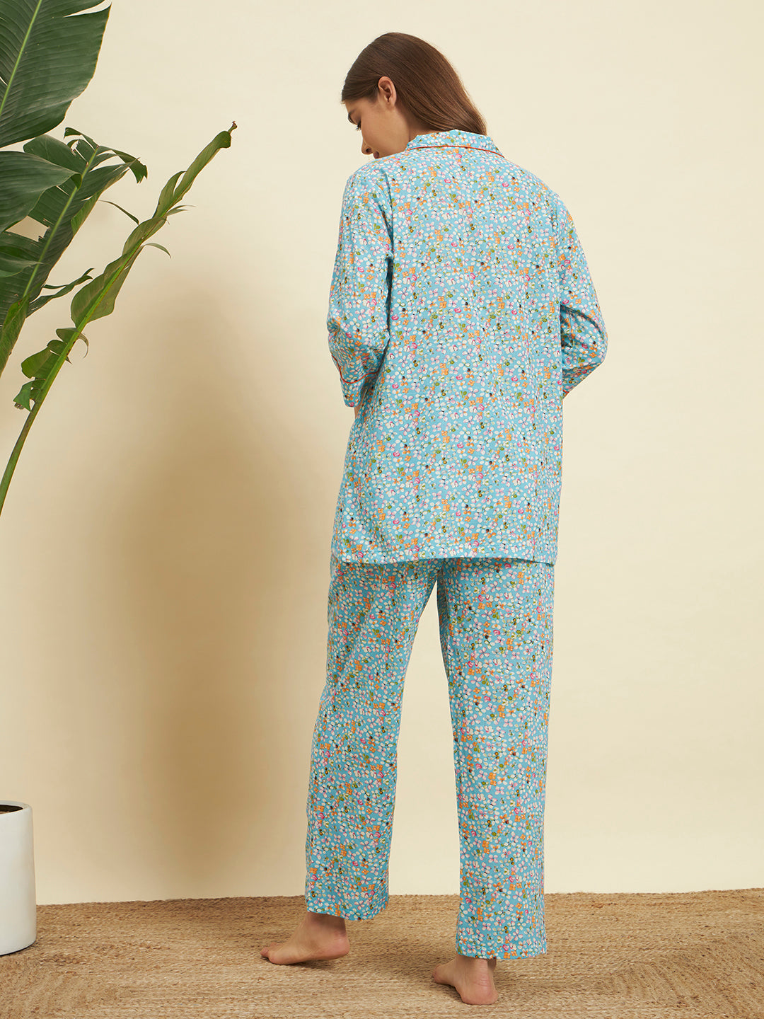 Sky Blue Floral Cotton Night Suit Set – Soft & Elegant Comfort Wear