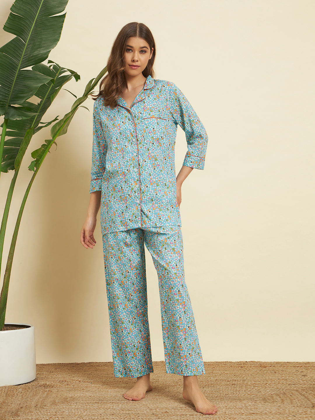 Sky Blue Floral Cotton Night Suit Set – Soft & Elegant Comfort Wear