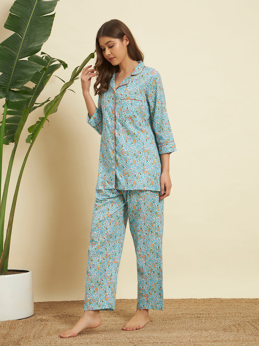 Sky Blue Floral Cotton Night Suit Set – Soft & Elegant Comfort Wear