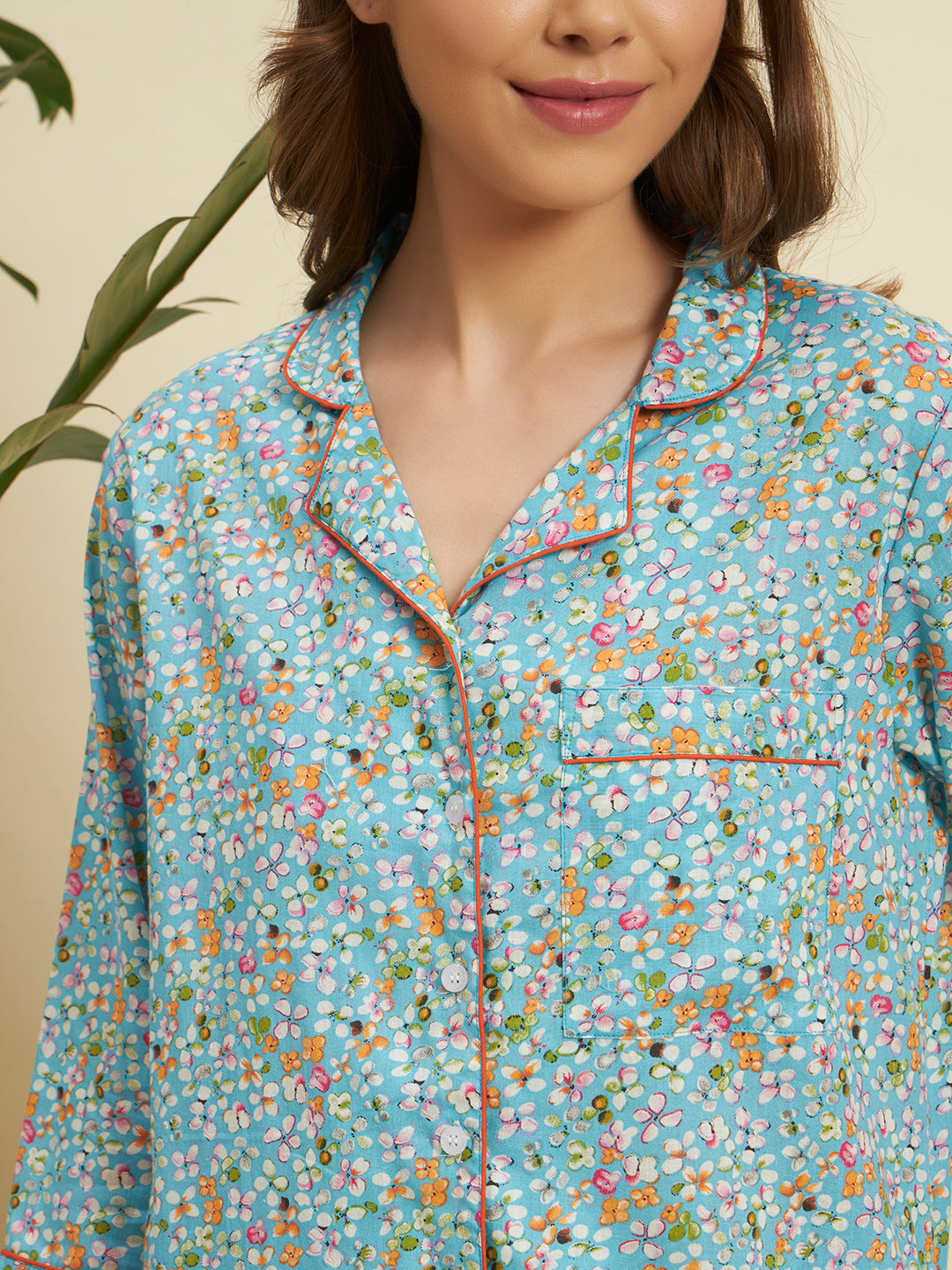 Sky Blue Floral Cotton Night Suit Set – Soft & Elegant Comfort Wear